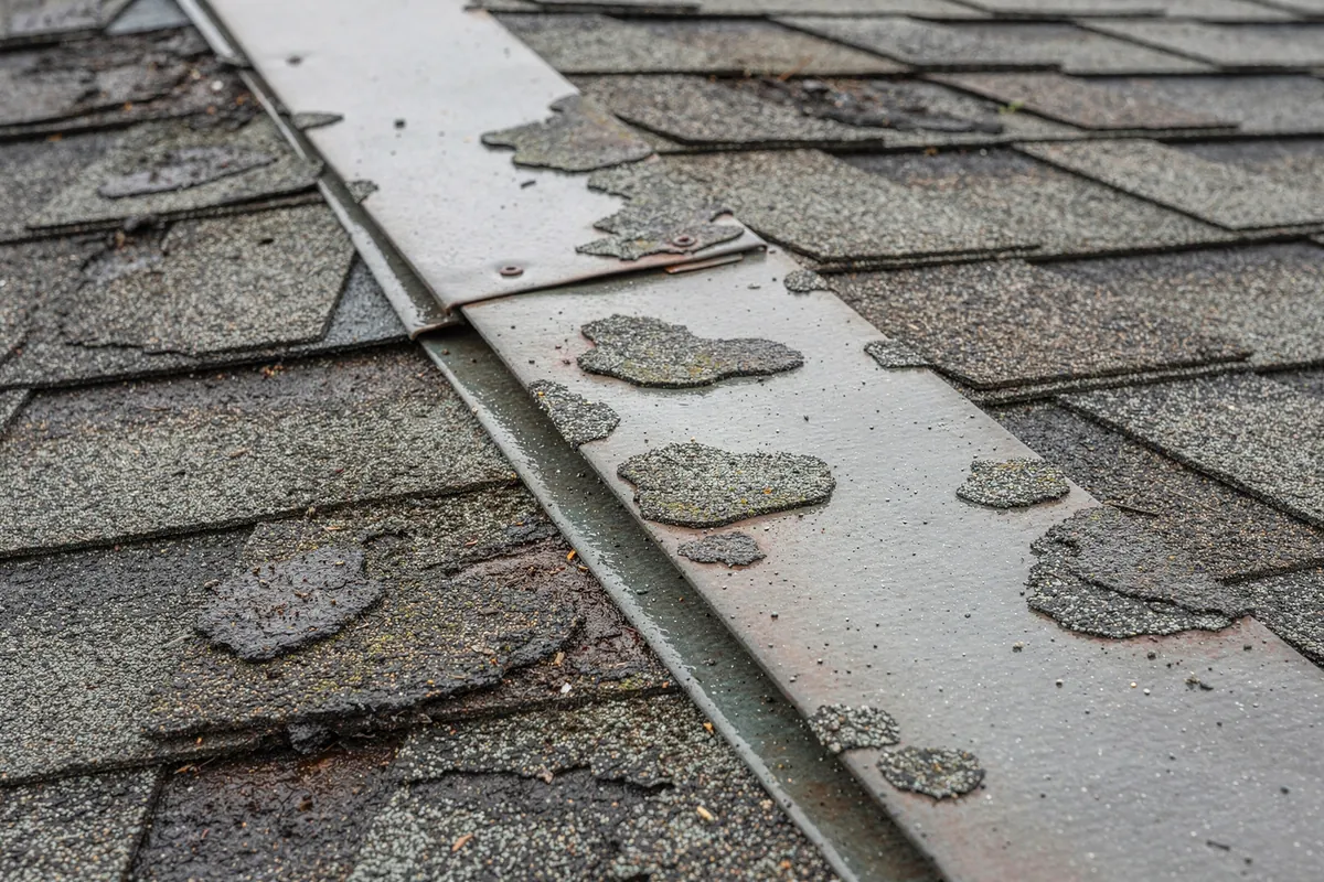 Weathered grey shingles on a damp slope with scattered round marks where the granules have been knocked off.