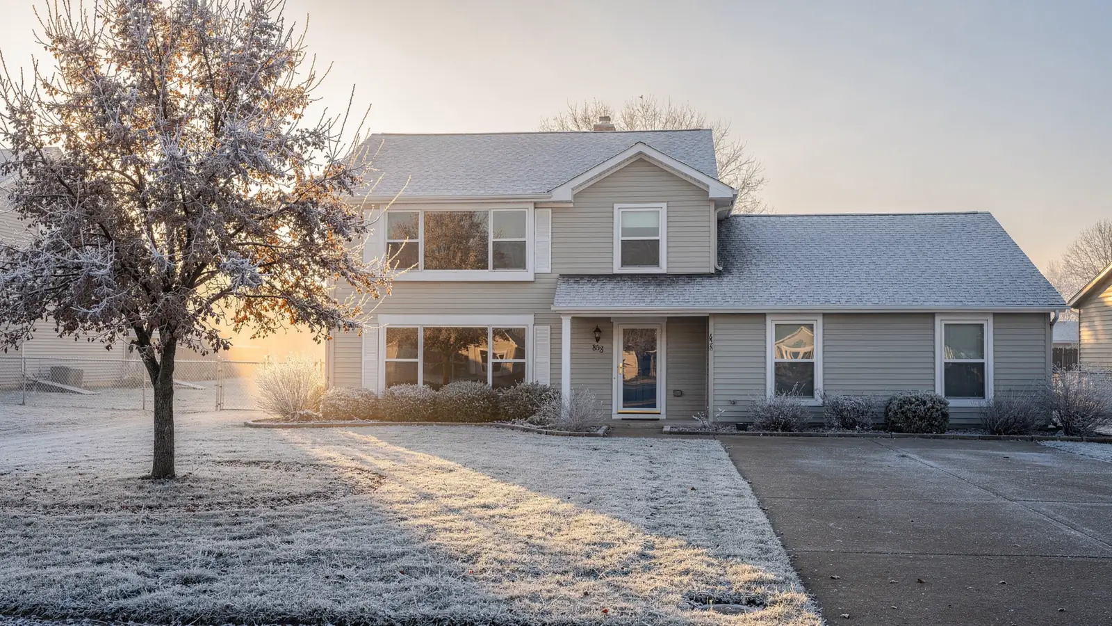 A two storey house with a plain grey shingle roof on open ground, frost still on the lawn and bare trees behind.